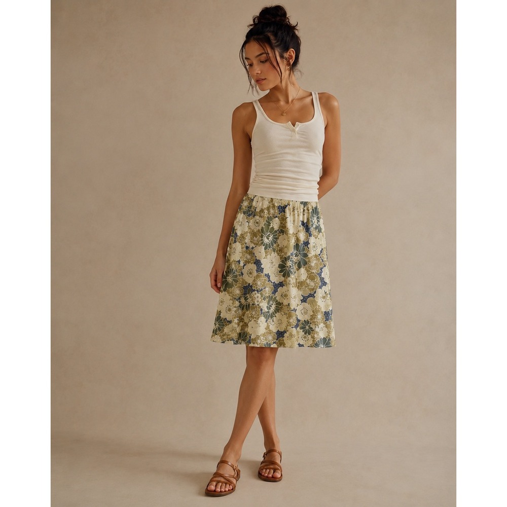 Garnet Hill Floral Midi Skirt in Cream, Green & Blue